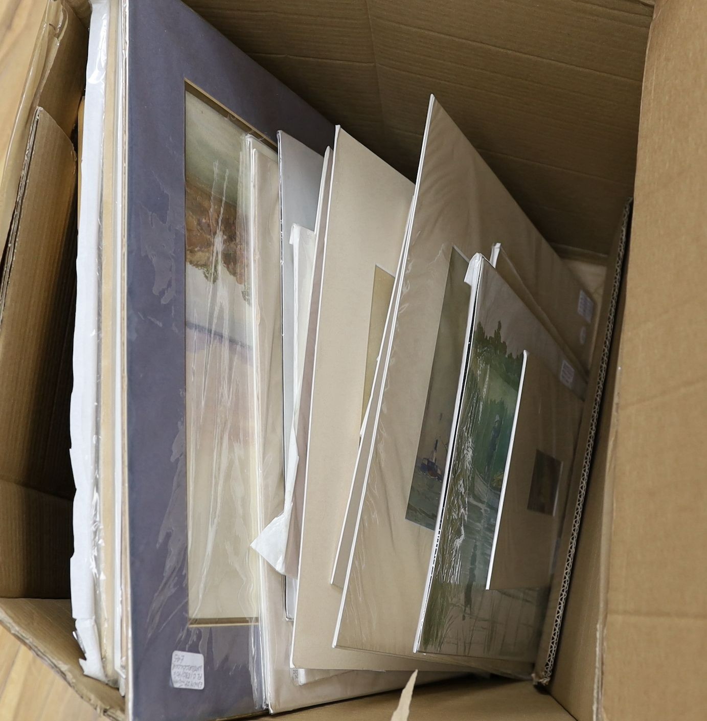 A collection of assorted unframed watercolours, all mounted with retail labels including W. Philips, Grainger Smith, Dampier Freeman, and George Horobin, with a small group of minor framed pictures